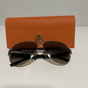 Tory Burch Gold Aviator Sunglasses with Orange Case